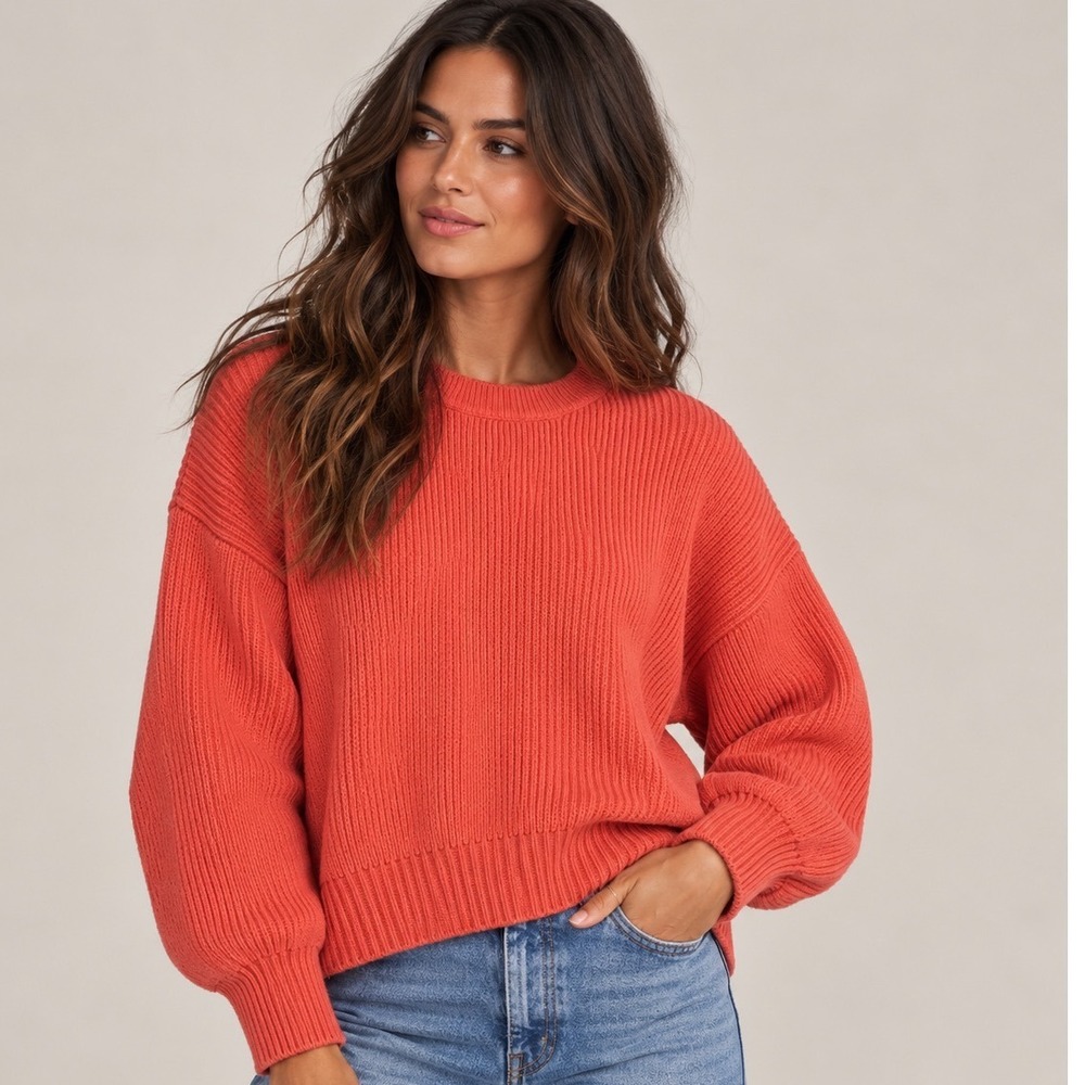 Lucky Brand Womens Ribbed Knit Oversized Balloon Sleeve Sweater Coral Orange L